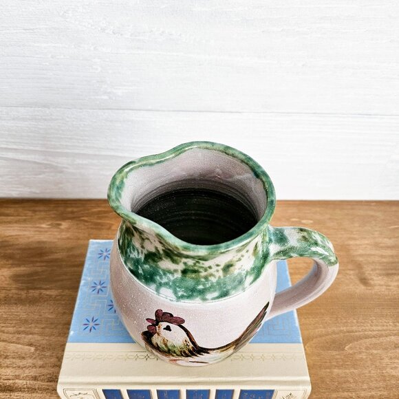 Studio Art Pottery Ceramic Green & Gray Chicken Rooster Jug Pitcher with Handle - Picture 7 of 10